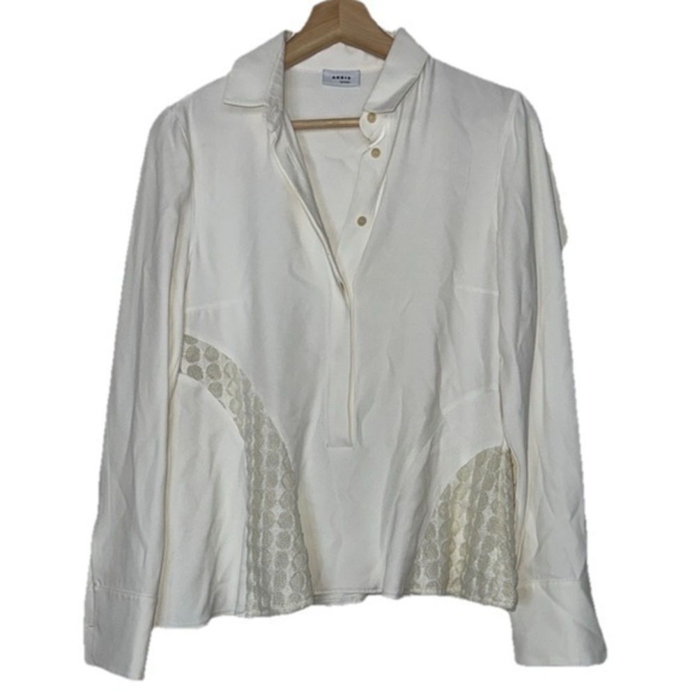 Akris Punto White Geometric Long Sleeve Women's Blouse Sz. 4